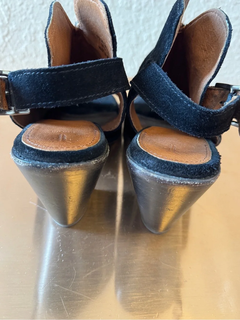 Frye Black Suede Open-Toe Slingback Block Heels